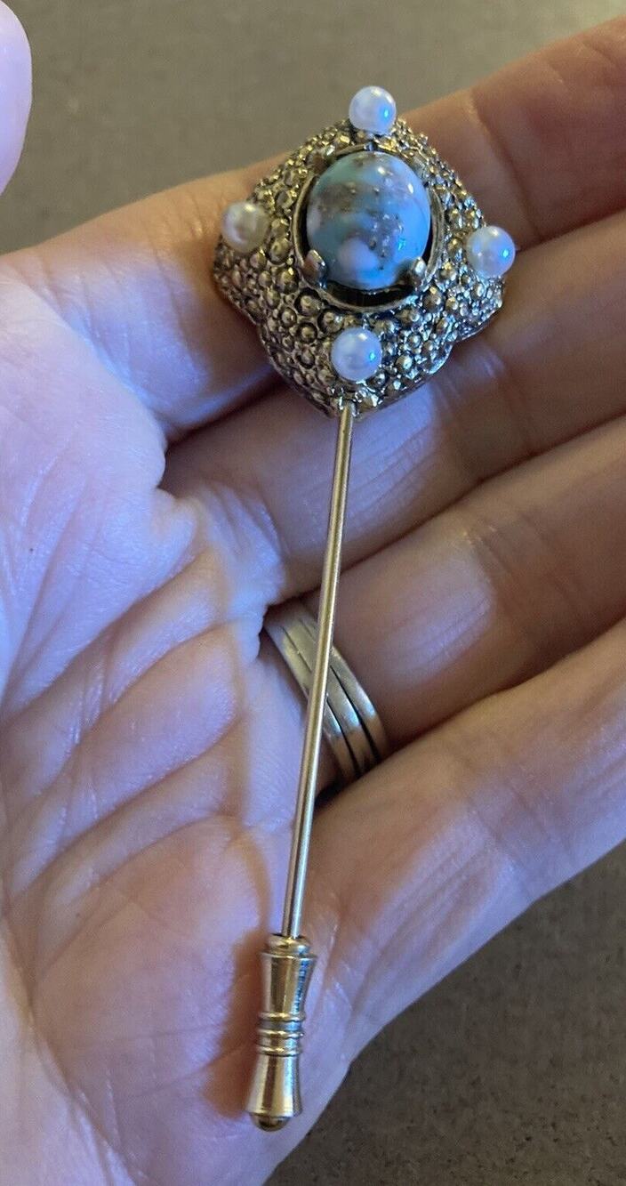 Vintage Sarah Coventry Pin Brooch Aqua Marbled Stone